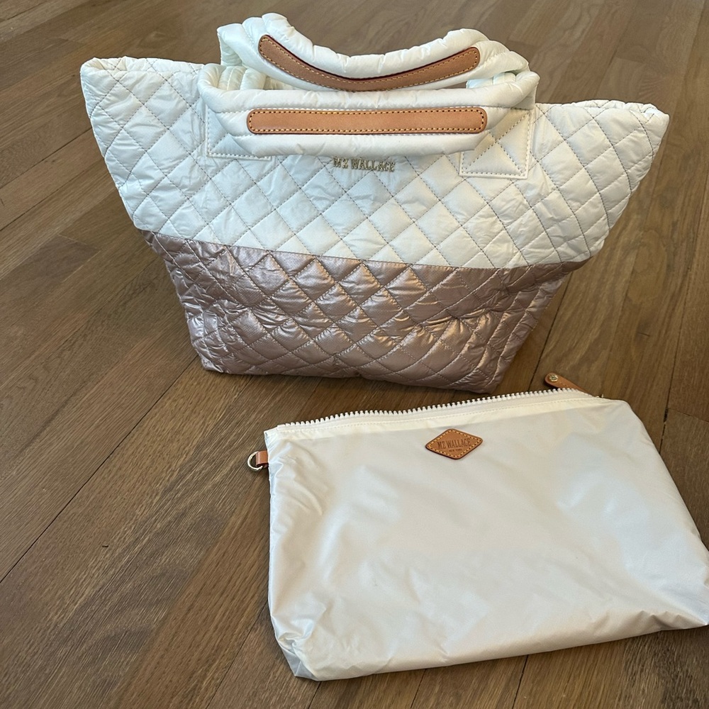 MZ Wallace Crean and Rose Gold Quilted Metro tote